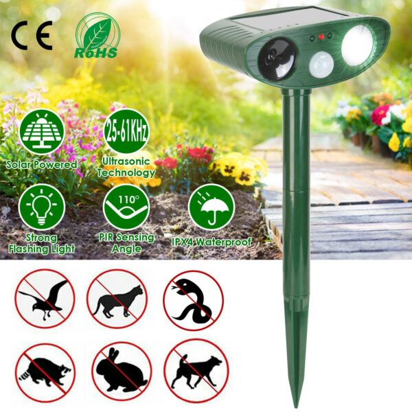 01cdbca9-f1df-4b97-b51e-9cfcd2d990a6.jpg 1Pc Solar Ultrasonic Animal Repeller PIR Sensor Animal Repellent Chaser With Flashing Light IPX4 Waterproof For Chasing Deer Raccoon Squirrel Rat Skunk Rabbit Mole Dog Cat Snake