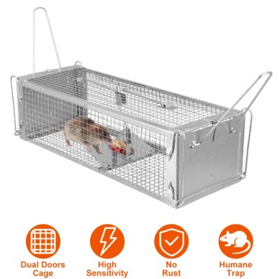03722312-472c-45a1-bb48-f72978c940a4.jpg 1Pc Dual Door Rat Trap Cage Humane Live Rodent Dense Mesh Trap Cage Zinc Electroplating Mice Mouse Control Bait Catch With 2 Detachable U Shaped Rod