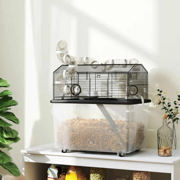 04ecb016-bf1f-4c10-ac57-20d63b22ce6d.jpg 2 Tier Hamster Cage With 12 Deep Tray, Tube System, Water Bottle, Ramp, Feeding Bowl, Black