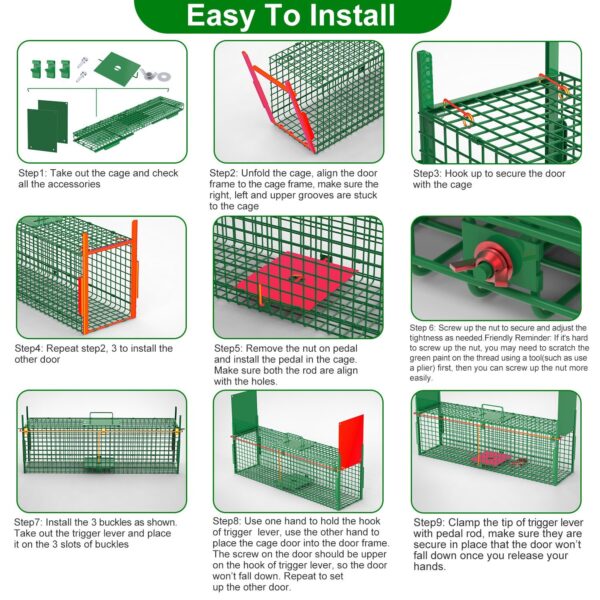 059820fc-1ed6-41e4-9819-7d2b81c6ca3b.jpg 32in 2 Door Live Animal Cage Trap With Glove Green For Animals Under 12LBS Easy To Setup Humane Galvanized Iron Trap Cage For Rabbits Groundhogs Skunk Opossums Nutria Stray Cats