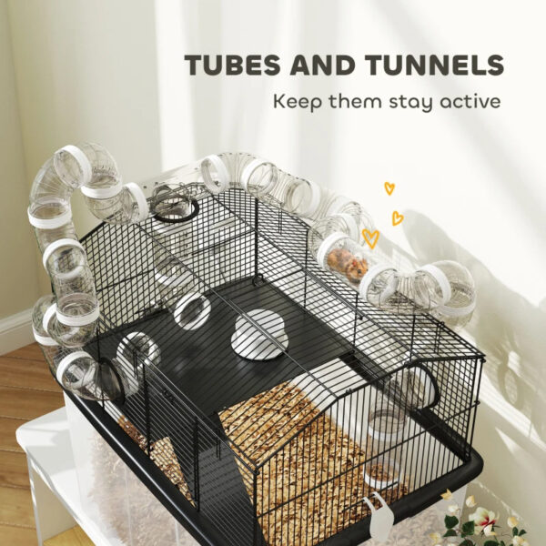 08bfe9d0-1928-488e-befb-8edfa7a752c1.jpg 2 Tier Hamster Cage With 12 Deep Tray, Tube System, Water Bottle, Ramp, Feeding Bowl, Black