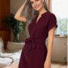 V-neck Short Sleeve Dress With Belt Summer Fashion Bowknot Dresses For Women Clothing