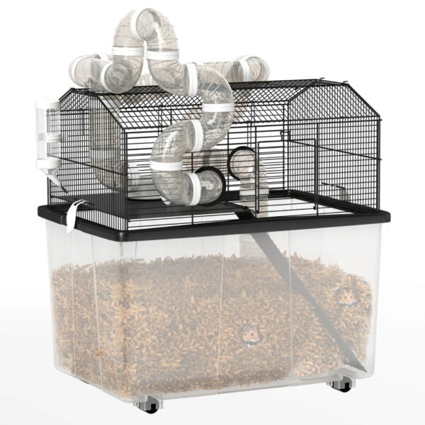 0bedf0e1-6348-48d8-9a41-40b8e19c8ace.jpg 2 Tier Hamster Cage With 12 Deep Tray, Tube System, Water Bottle, Ramp, Feeding Bowl, Black