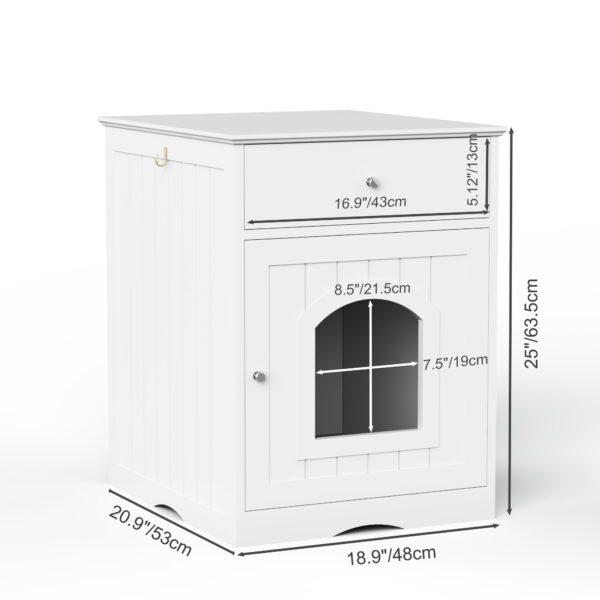 0d313573-d56e-49f3-8279-a7fea9821a81.jpg Wooden Pet House Cat Litter Box Enclosure With Drawer, Side Table, Indoor Pet Crate, Cat Home Nightstand White