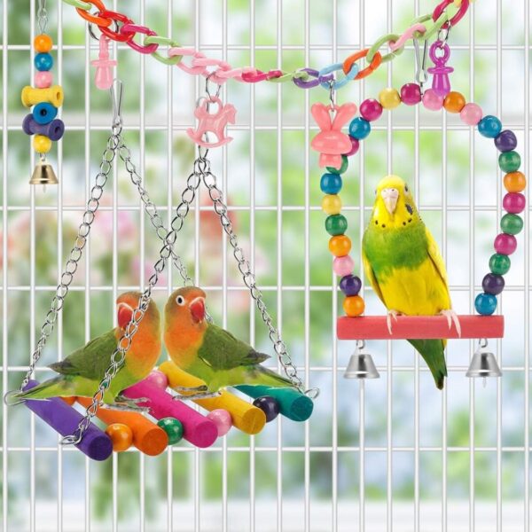 12061e1d-038a-40e7-ab91-09b7e704f552.jpg Bird Parakeet Toys Swing Hanging Standing Chewing Hammock Climbing Ladder Bird Cage Colorful Toys Suitable For Budgerigar