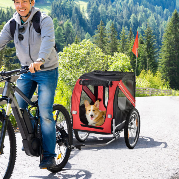 1313373b-d455-46b2-a60b-9d5aa0951132.jpg Dog Bike Trailer, Pet Wagon Bicycle Trailer With Easy Folding Cart Frame, 20" Large Rubber Wheels, 3 Entrances, Mesh Screen, Pet Bike Trailer For Off-Road & Travel, Red And Black