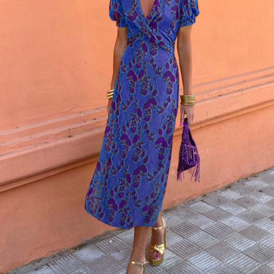 161d6ca5-4280-40e7-982f-0ef456c8478a.jpg Summer V-neck Short-sleeved Dress Fashion Flowers Printed Slim Beach Dresses For Women Clothing