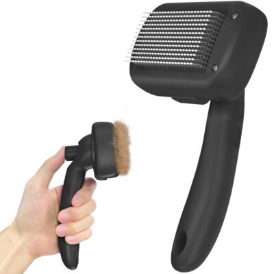 1672b588-d33b-4057-b1d2-ffc8a917e299.jpg Self Cleaning Shedding Brush - Skin Friendly Grooming Tool For Dogs, Cats, And Puppies, Deshedding And Hair Removal For Long And Short Haired Pets, Black