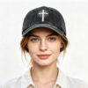 2pcs Vintage Washed Black Cross Embroidered Baseball Cap For Men Women, Religious Faith Sun Hat