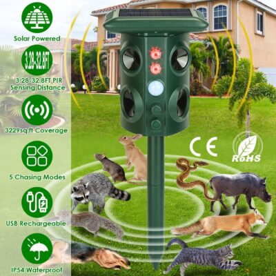 1949006692482289664.jpg Solar Ultrasonic Animal Repeller Solar Powered Animal Repellent Chaser With PIR Motion Sensor IP54 Waterproof Sound Flashing Light For Deer Raccoon Squirrel Mice Snakes Cat Dog
