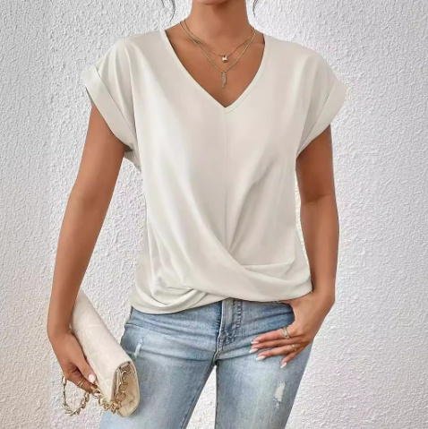1c0e176c-9b17-42e3-98c5-fd404388a996.jpg Fashion V-neck Short-sleeve T-shirt Summer Casual Irregular Knot Top For Women Clothing