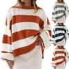 1d67e5be-6f37-442f-8204-1e57df9b96a5.jpg Loose Striped Sweater Fashion Casual Long Batwing Sleeve Round Neck Pullover Knit Tops Women Clothing