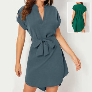 1fc978dc-bc6d-4149-94fd-ea5887a68210.jpg V-neck Short Sleeve Dress With Belt Summer Fashion Bowknot Dresses For Women Clothing