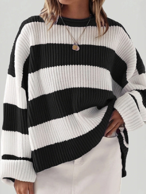 2344ec09-0c3e-4f97-a4b0-d19d55302dd5.jpg Loose Striped Sweater Fashion Casual Long Batwing Sleeve Round Neck Pullover Knit Tops Women Clothing