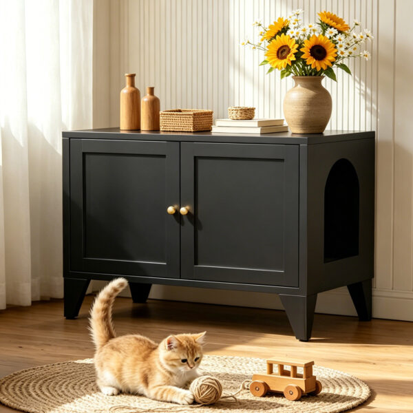 26ab3a02-8673-403c-97ba-71ee8d5658c1.jpg Metal Cat Litter Box Enclosure, Modern Hidden Litter Box Furniture Indoor Pet House, Freestanding Cat Washroom Cabinet Fits Most Standard Litter Boxes, Black Decorative Pet Side Table For Home