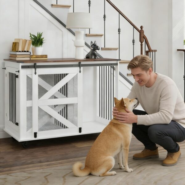 2e262416-0f83-4993-bdb5-0d11db6cd1b4.jpg 47.2 Mobile Dog Crate With Flip-Top Feeding Door, Dual-Access & 5 Caster System 2 Locking, Side Hooks - Multi-Functional Pet Kennel,double Dog Crate Furniture
