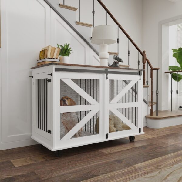 30cd5535-2414-4640-9b85-fa01c6d57e91.jpg 47.2 Mobile Dog Crate With Flip-Top Feeding Door, Dual-Access & 5 Caster System 2 Locking, Side Hooks - Multi-Functional Pet Kennel,double Dog Crate Furniture