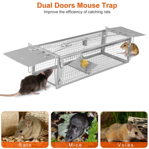 40876f7c-42ad-4927-8c4c-41bdb4c30c43.jpg 1Pc Dual Door Rat Trap Cage Humane Live Rodent Dense Mesh Trap Cage Zinc Electroplating Mice Mouse Control Bait Catch With 2 Detachable U Shaped Rod