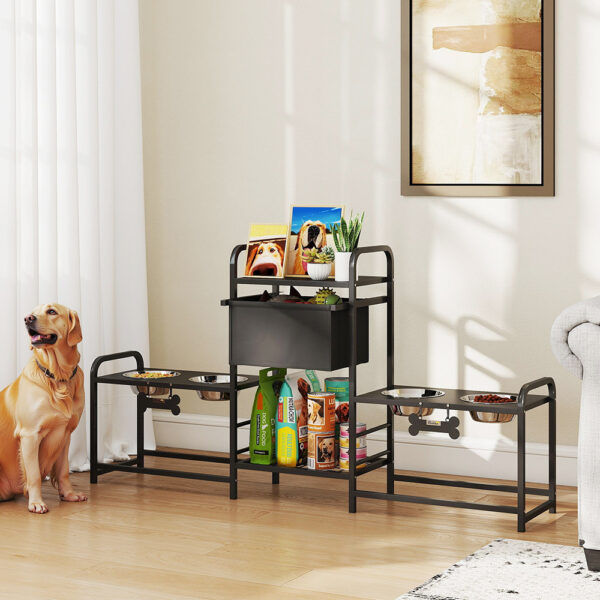 41309d0b-0ba6-49f8-a1a0-2ecae6eccad4.jpg 3 Height Adjustable Dog Bowl Stand Oxford Fabric With Features Four Bowls, Toy Bin Basket