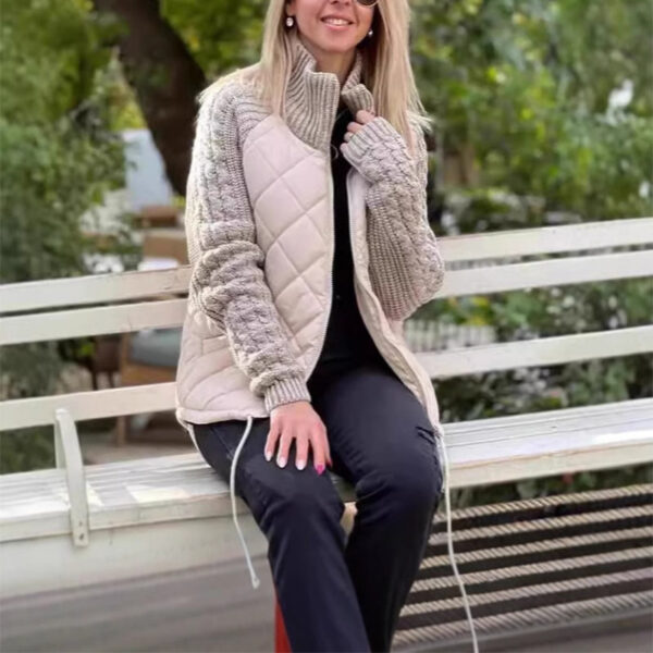 41dcb5cd-7886-4366-926b-1463135c0b0b.jpg Winter Stand Collar Cotton Jacket With Pockets Fashion Knitted Stitching Zipper Coat Warm Tops For Women Clothing