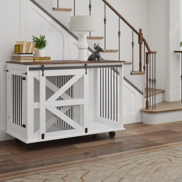 4b866fcd-a452-401b-8260-672726505b72.jpg 47.2 Mobile Dog Crate With Flip-Top Feeding Door, Dual-Access & 5 Caster System 2 Locking, Side Hooks - Multi-Functional Pet Kennel,double Dog Crate Furniture