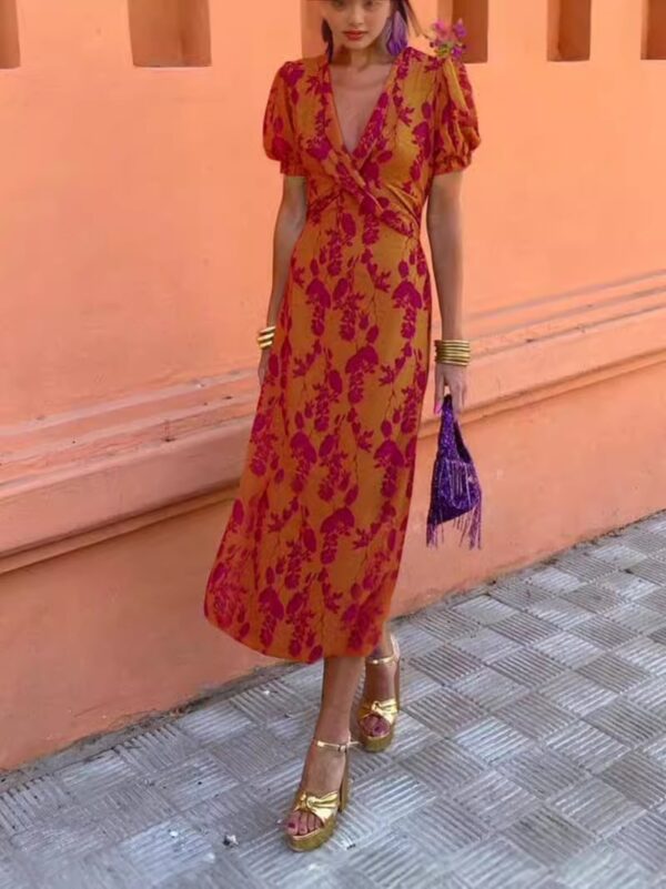 54277e40-6e72-42b1-ace1-fbbf488b4ed5.jpg Summer V-neck Short-sleeved Dress Fashion Flowers Printed Slim Beach Dresses For Women Clothing