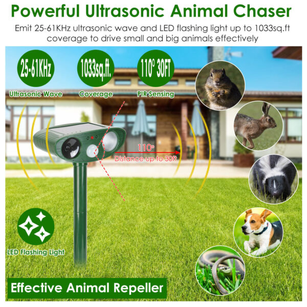 5618ff90-aa05-4e90-935c-64b920abfa62.jpg 1Pc Solar Ultrasonic Animal Repeller PIR Sensor Animal Repellent Chaser With Flashing Light IPX4 Waterproof For Chasing Deer Raccoon Squirrel Rat Skunk Rabbit Mole Dog Cat Snake