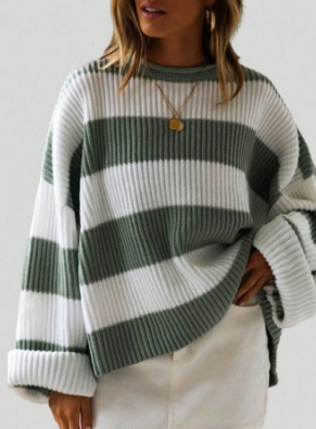 58ea37df-3230-445d-92f9-fa68802eacdb.jpg Loose Striped Sweater Fashion Casual Long Batwing Sleeve Round Neck Pullover Knit Tops Women Clothing