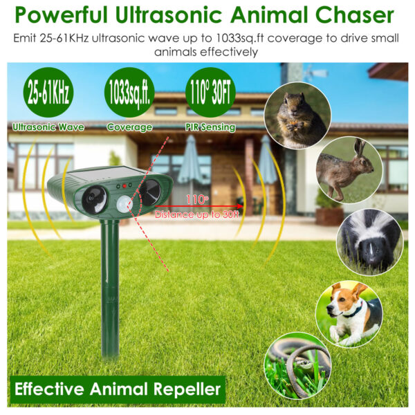 5a634419-4e5e-432d-bbd7-97d76bb44677.jpg 1Pc Solar Ultrasonic Animal Repeller PIR Motion Sensor Animal Repellent Chaser IPX4 Waterproof For Farm Garden Yard To Drive Raccoon Squirrel Rat Skunk Rabbit Mole Dog Cat Snake