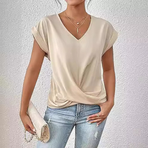 5d6352f6-9d49-455a-b18d-ed0948d8b285.jpg Fashion V-neck Short-sleeve T-shirt Summer Casual Irregular Knot Top For Women Clothing