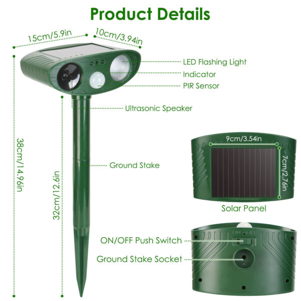5f3983fe-928d-46fe-a1cf-4df247a3d494.jpg 1Pc Solar Ultrasonic Animal Repeller PIR Sensor Animal Repellent Chaser With Flashing Light IPX4 Waterproof For Chasing Deer Raccoon Squirrel Rat Skunk Rabbit Mole Dog Cat Snake