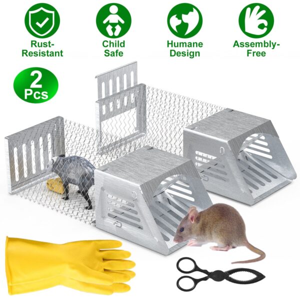 6743ab82-db8d-40e0-bd1f-aab733c3278b.jpg 2Pcs Humane Mouse Trap Cage No Assembly Need Automatic Continuous Rat Trap With Single Way Door Reusable Catch And Release Live Cage Trap For Rodents Moles Voles Mice For Spring Summer