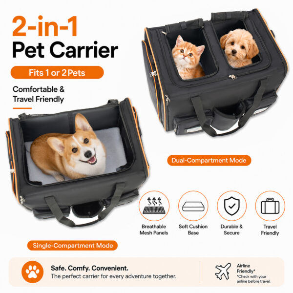 6d9290d6-a3c4-4783-bcd7-3dcc233aabd8.jpg 2 In 1 Large Cat Carrier For 2 Cats,Rolling Pet Carrier With Wheels,Expandable Foldable Double Pet Carrier With Removable Divider,Breathable Mesh Oxford,Cat Travel Crate For Car Camping Vet, Black