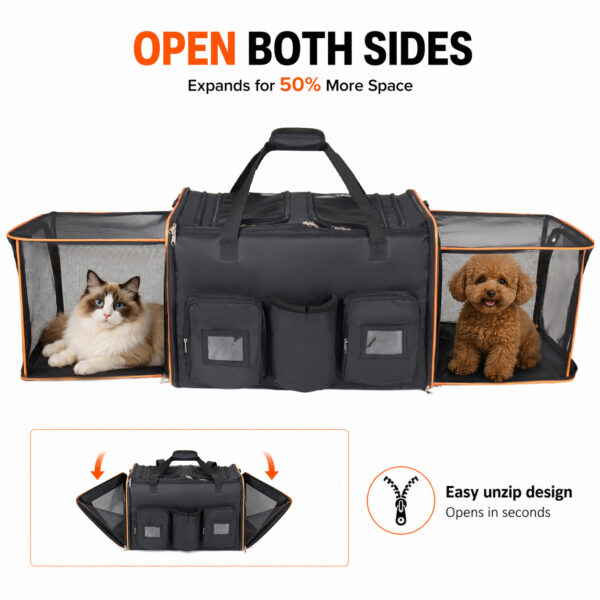 6da2b84a-87d5-40b6-9ee2-ada072d02699.jpg 2 In 1 Large Cat Carrier For 2 Cats,Rolling Pet Carrier With Wheels,Expandable Foldable Double Pet Carrier With Removable Divider,Breathable Mesh Oxford,Cat Travel Crate For Car Camping Vet, Black