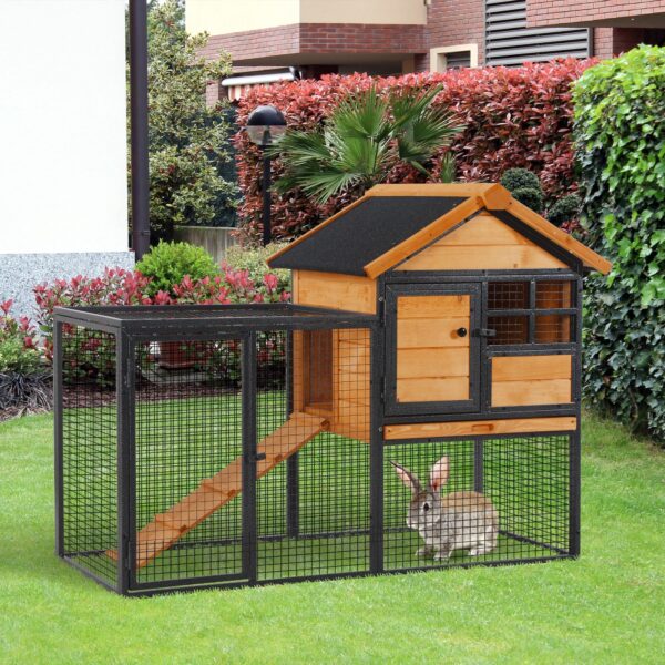 7a766782-3155-47c9-a96a-dca3c1f00d16.jpg Outdoor Rabbit Cage Elevated Pet House W/ Slide-Out Tray, Natural Wood & Black