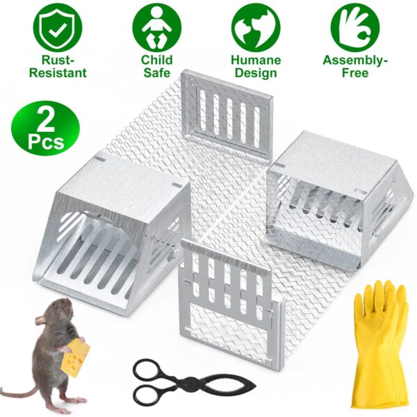 7db08dac-bbb6-429a-8904-510956a0b95d.jpg 2Pcs Humane Mouse Trap Cage No Assembly Need Automatic Continuous Rat Trap With Single Way Door Reusable Catch And Release Live Cage Trap For Rodents Moles Voles Mice For Spring Summer