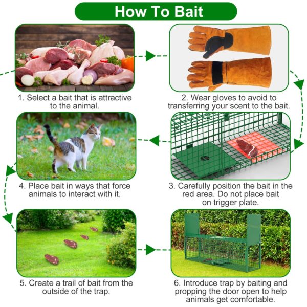 7e11f8f6-7cb1-4ffe-970e-d6c47aa8b506.jpg 32in 2 Door Live Animal Cage Trap With Glove Green For Animals Under 12LBS Easy To Setup Humane Galvanized Iron Trap Cage For Rabbits Groundhogs Skunk Opossums Nutria Stray Cats