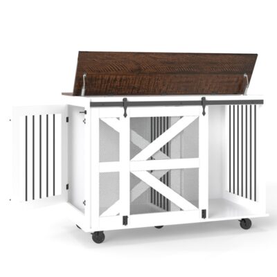 47.2" Mobile Dog Crate With Flip-Top Feeding Door, Dual-Access & 5 Caster System (2 Locking), Side Hooks - Multi-Functional Pet Kennel,double Dog Crate Furniture
