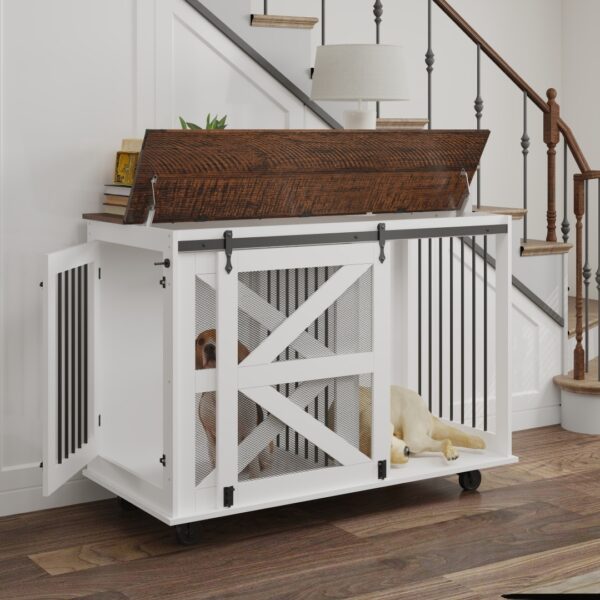 8179c50e-f174-4a71-83a9-1974765a9adc.jpg 47.2 Mobile Dog Crate With Flip-Top Feeding Door, Dual-Access & 5 Caster System 2 Locking, Side Hooks - Multi-Functional Pet Kennel,double Dog Crate Furniture