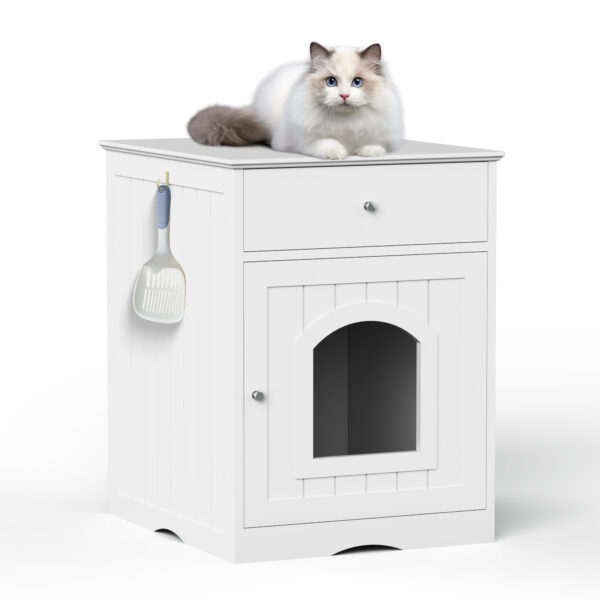 8264bde6-e4cb-4d12-859d-567c3e586698.jpg Wooden Pet House Cat Litter Box Enclosure With Drawer, Side Table, Indoor Pet Crate, Cat Home Nightstand White