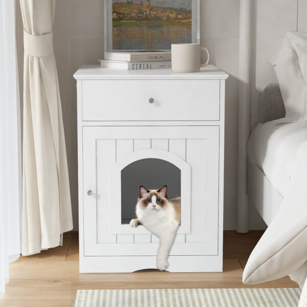 85087ada-1b12-4e54-bb66-290bdbcffb29.jpg Wooden Pet House Cat Litter Box Enclosure With Drawer, Side Table, Indoor Pet Crate, Cat Home Nightstand White