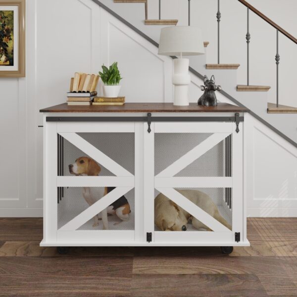 94086b17-cccf-4a42-97ce-5bdddefd9f3f.jpg 47.2 Mobile Dog Crate With Flip-Top Feeding Door, Dual-Access & 5 Caster System 2 Locking, Side Hooks - Multi-Functional Pet Kennel,double Dog Crate Furniture
