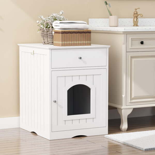 942d6a3d-5cab-4a50-8be0-71788f5269df.jpg Wooden Pet House Cat Litter Box Enclosure With Drawer, Side Table, Indoor Pet Crate, Cat Home Nightstand White