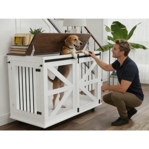 95d587fc-d984-4b1f-b778-915520cd28d1.jpg 47.2 Mobile Dog Crate With Flip-Top Feeding Door, Dual-Access & 5 Caster System 2 Locking, Side Hooks - Multi-Functional Pet Kennel,double Dog Crate Furniture
