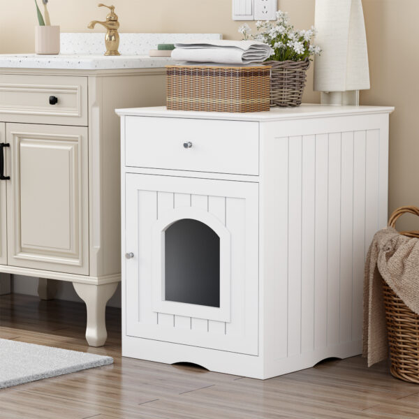 966615ab-5861-4ac8-91f5-cb27a880c952.jpg Wooden Pet House Cat Litter Box Enclosure With Drawer, Side Table, Indoor Pet Crate, Cat Home Nightstand White