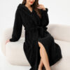 RONGTAI Womens Hooded Robe Long Plush Fleece Bathrobe With Pockets Nightwear S-XXL