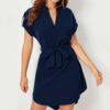 V-neck Short Sleeve Dress With Belt Summer Fashion Bowknot Dresses For Women Clothing