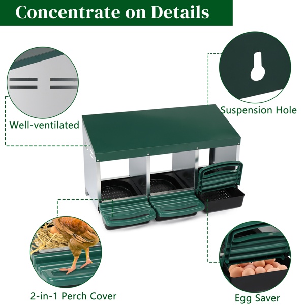 9c8c7e20-9d6d-4920-aefb-f1dd3ff50830.jpg 3 Compartment Roll Out Chicken Nesting Box With Plastic Basket, Egg Nest Box Chicken Laying Box Hens Chicken Coop Box, Green