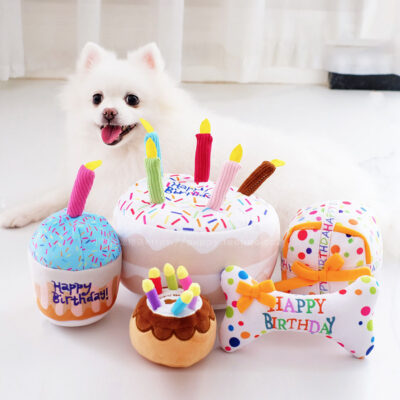 587639002 Dog Cat Birthday Cake Gift Sound Fun Toy Dog Plush Toy Pet Supplies