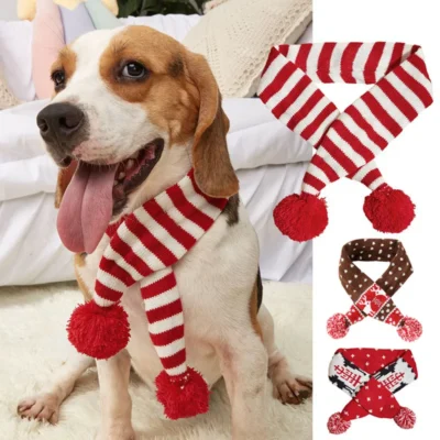 587689749 Christmas Dog Scarf Knitted Elk Scarf Striped Hair Ball Pet Scarf Outdoor Winter Warm Cat Dog Scarves Puppy Collar Pet Supplies